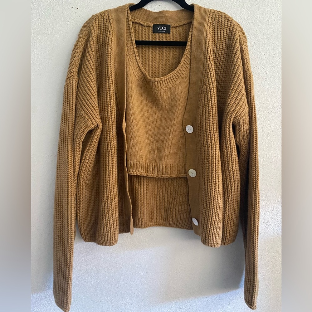 Vici Camel Cardigan and Cropped Sweater Set